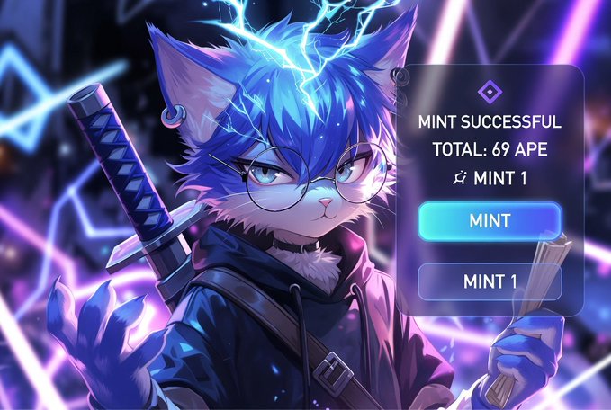 The image features a cat with blue eyes wearing glasses and holding a sword. The background of the image has purple neon lights that create an intense atmosphere, possibly representing a futuristic setting or a video game environment. There are two buttons in the image - one labeled "MINT 1" and another labeled "MINT 2". These buttons might be related to gameplay elements or character customization options within the game. The overall scene suggests that the cat is part of a gaming community where players can interact, share experiences, and discuss their interests.