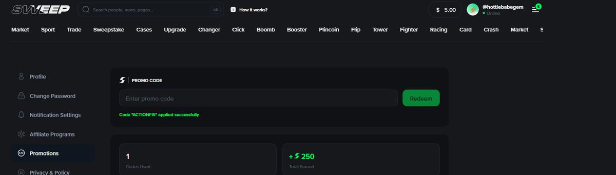 A screenshot of the SWEEP gambling site interface showing a 'Promo Code' section with 'Code "ACTIONFIBS" applied successfully' and a $5.00 balance for user @hottiebabegem.