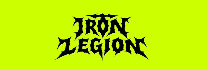 A bright yellow-green background displaying the text "IRON LEGION" in a stylized, jagged black metal font.