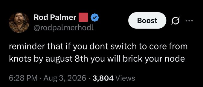 A tweet from Rod Palmer (@rodpalmerhodl) dated August 3, 2026, reminding followers that they must switch to core from knots by August 8th or risk bricking their node. The post received 3,804 views and connects to the caption "i tried to warn people," suggesting the author is frustrated that his earlier warning went unheeded.