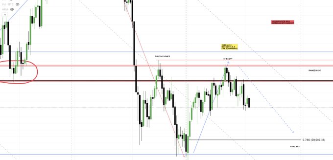 A BTC/USD daily chart showing a "Supply Thrust" and "Low Daily" pattern with bearish divergence between price peaks and the "Bitcoin Decay Cycle" overlay, indicating the price is entering the decay phase of its current cycle. Key technical levels are marked, including a "Danger High" zone at the top and a potential "Danger Low" at 0.786 (69,690.28), with supply zones highlighted in red bands.