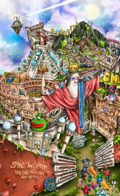 A vibrant, surreal meme collage depicts a sprawling fantasy landscape filled with classic internet references—including Pepe the Frog, a crowned Pepe draped in regal red robes, floating islands, the Taj Mahal, ancient ruins, and meme creatures—set against a swirling cosmic sky. Bold text across the scene reads "THE PAIN," "BELIEVE," and "START THE PAIN IT'S TIME DINOSAURATE WITH MEMES," tying the chaotic imagery together as "A Memelionaire's Adventure," a 6529 Meme Card by @TheHiddenWalls.