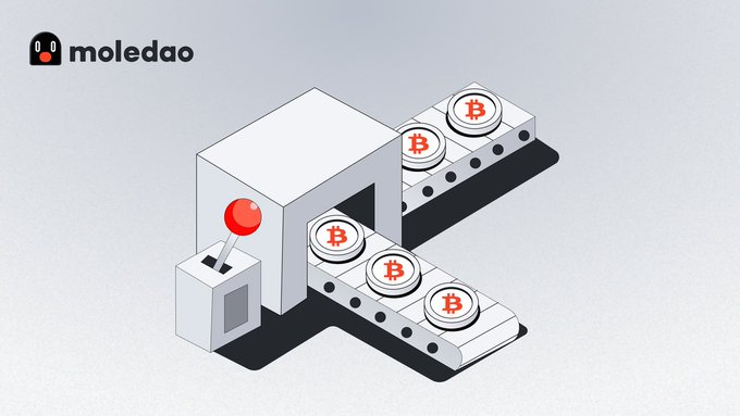 An isometric illustration with the "moledao" logo depicting Bitcoin coins moving along a conveyor belt through a machine.