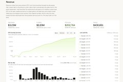 A dashboard displaying financial revenue data with line and bar charts, showing figures like $3.25M, $2.25M, and $252.7K.