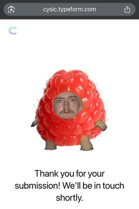 The image shows a screenshot of an email from CysictypePerform.com, where someone is gifting another person with a red raspberry. The email starts by expressing appreciation and asks for a submission - either via text or an attachment; however, no specific information about the submission format or reason for it is provided in the message.