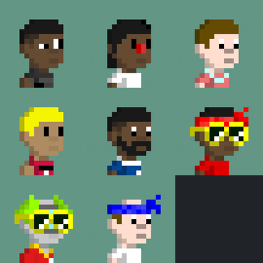 A grid of eight pixel-art character portraits against a teal background, featuring various hairstyles and features.
