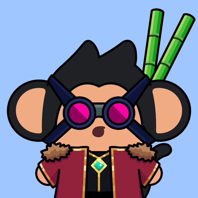 A cartoon illustration of a black-furred animal character wearing round pink-lensed glasses, a maroon coat with fur trim, and carrying green bamboo stalks on its back.
