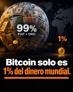 The image features a globe wrapped in currency bills, with bold text highlighting that "99% FIAT + ORO" and "1%" represented by a Bitcoin symbol, alongside the Spanish caption "Bitcoin solo es 1% del dinero mundial" (Bitcoin is only 1% of world money). The graphic visually reinforces the post's message by illustrating Bitcoin's tiny market cap (~$1.6 trillion) compared to gold ($31.1 trillion) and fiat currencies ($124.3 trillion, or 79.2%).