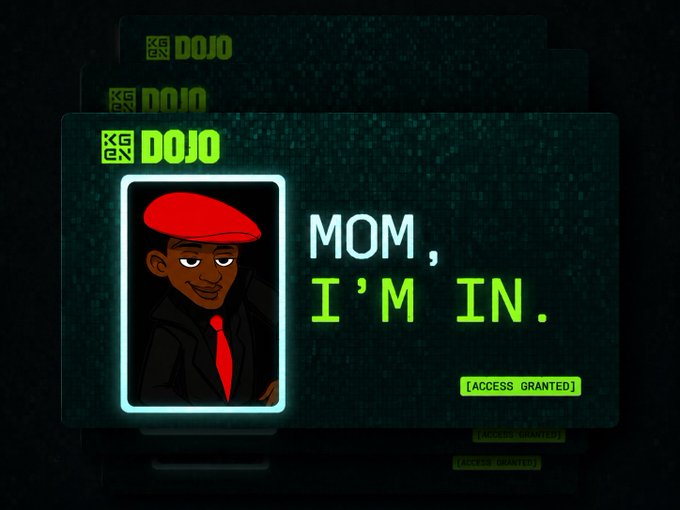 Stack of digital cards branded "KGON DOJO" featuring an illustrated character wearing a red beret, with text reading "MOM, I'M IN." and "[ACCESS GRANTED]" on a dark green pixelated background.