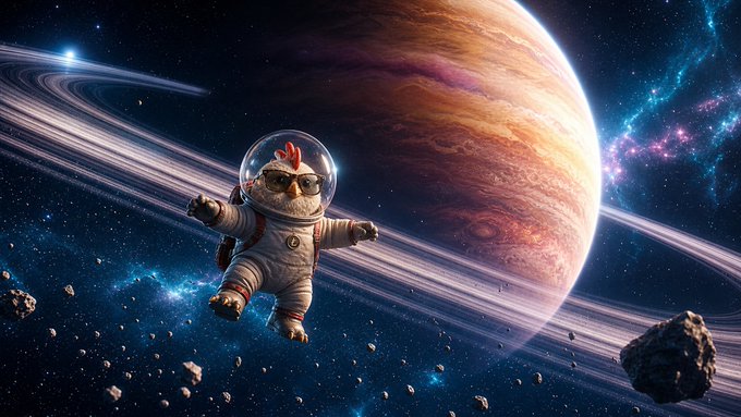A whimsical digital illustration of a chicken wearing an astronaut suit and helmet floating in space, with a large ringed planet (resembling Saturn) and asteroids in the background.
