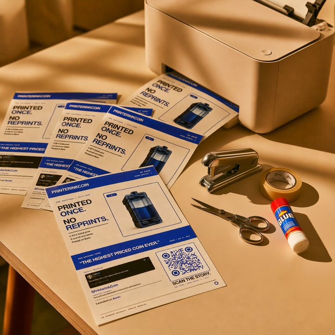 A creative photo featuring 'Printed Once. No Reprints.' promotional flyers arranged alongside a printer, stapler, scissors, glue stick, and tape on a desk.