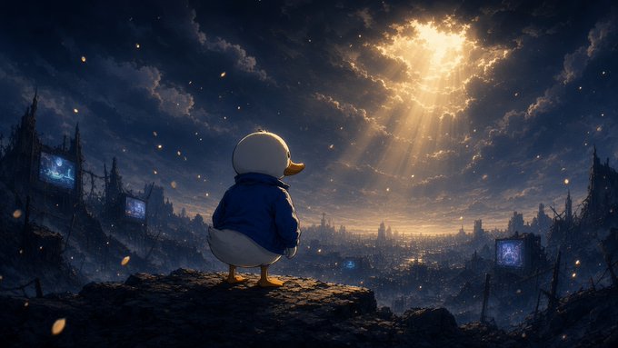 A small white duck character in a blue jacket stands on a rocky outcrop, looking out over a dark, sprawling cityscape toward a dramatic, sunlit sky with rays breaking through clouds.