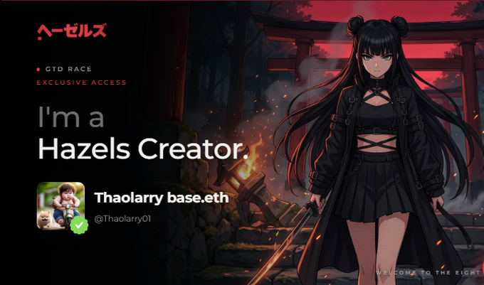 A promotional graphic for 'Hazels Creator' featuring an anime-style female character with black hair and a dark outfit, labeled 'CTO RACE EXCLUSIVE ACCESS' with the name 'Thaolarry base.eth' (@Thaolarry01).