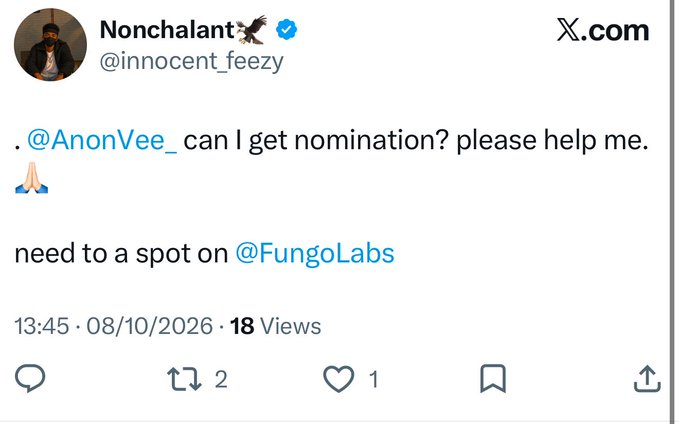 A screenshot of a tweet from user 'Nonchalant' (@innocent_feezy) posted on '08/10/2026' asking @AnonVee_ for nomination help to get a spot at @FungoLabs.