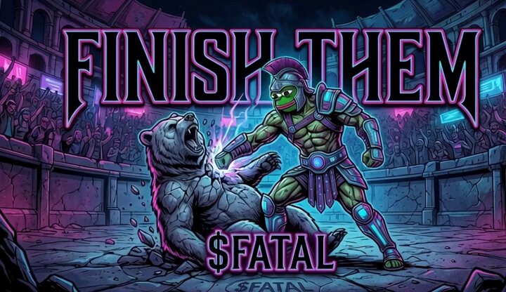 The image features a cartoon illustration of a man holding a sword, with a bear standing over him. The caption below the image reads "Finish Them" and "$FATAL", suggesting that the scene takes place within an anime or video game setting where the main character is fighting against a bear in a battle for dominance.