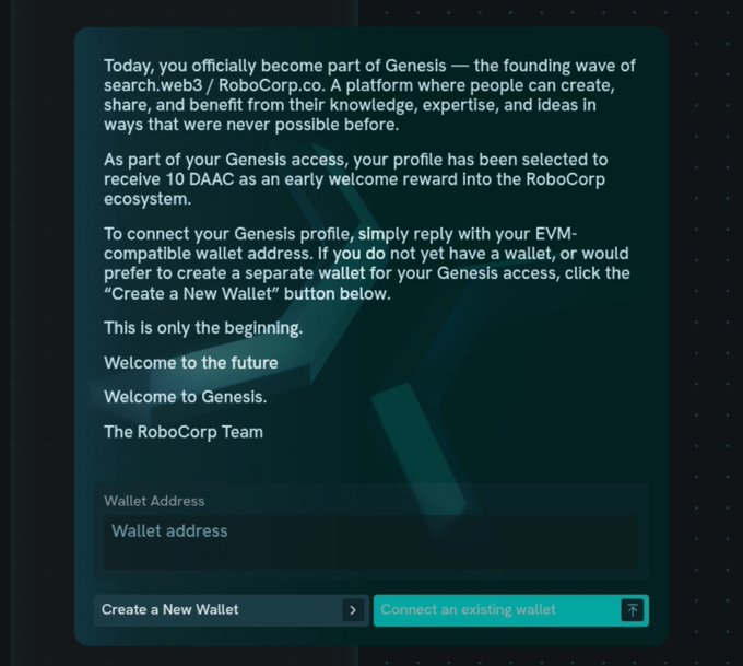 A dark-themed RoboCorp Genesis welcome screen offers recipients 10 DAAC tokens as an early sign-up reward, with fields to enter an EVM-compatible wallet address or create a new wallet to claim the free tokens.