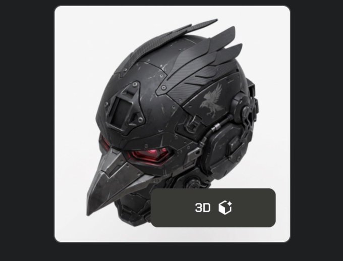 A detailed 3D render of a futuristic, dark gray mechanical helmet with wing-like features, red eye slits, and a bird emblem, displayed with a '3D' cube icon.
