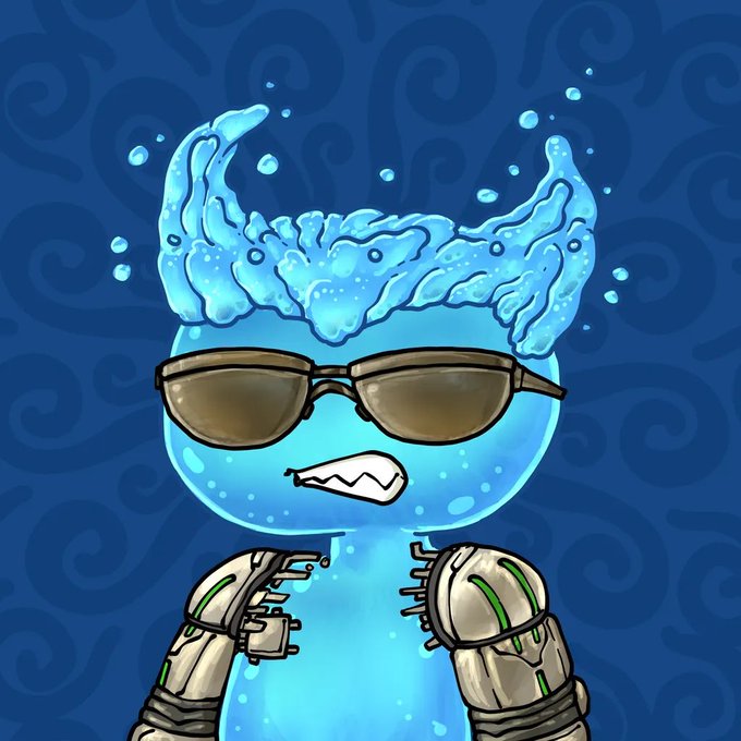 A cartoon illustration shows a blue liquid-like character with sunglasses, a small mouth, and robotic arms against a swirled dark blue background.