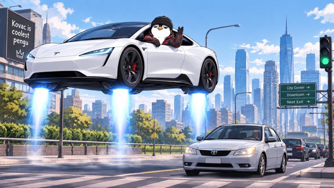 A white Tesla hovers above a city street on blue jet thrusters, piloted by a penguin wearing sunglasses, with a sign reading 'Kovac is coolest pengu' and highway signs to City Center, Downtown, and Next Exit.
