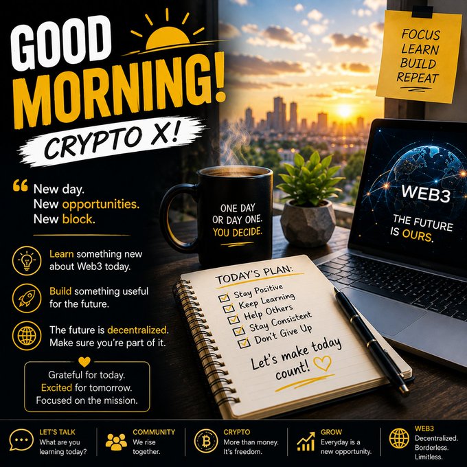 A motivational morning-themed graphic featuring a sunrise cityscape, coffee mug reading "ONE DAY OR DAY ONE. YOU DECIDE," a laptop displaying "WEB3: THE FUTURE IS OURS," and a notebook with "TODAY'S PLAN: Stay Positive, Keep Learning, Help Others, Stay Consistent, Don't Give Up." The image reinforces the post's message to stay curious and proactive, encouraging them to learn something new and build something useful in crypto rather than just watching the market.