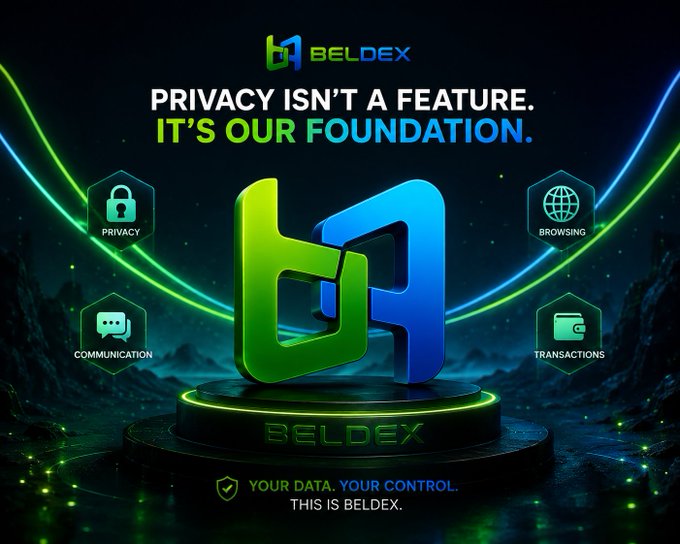 A promotional graphic for 'BELDEX' featuring a large 3D blue and green 'B' logo on a pedestal, with the tagline 'PRIVACY ISN'T A FEATURE. IT'S OUR FOUNDATION.' and four icons labeled 'PRIVACY', 'BROWSING', 'COMMUNICATION', and 'TRANSACTIONS'.