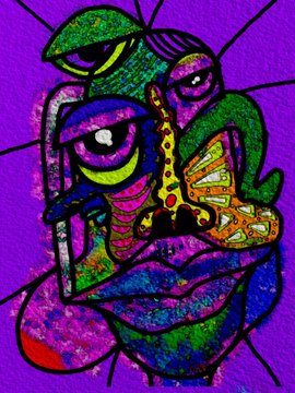 A vibrant, psychedelic abstract artwork featuring surreal figures with prominent eyes and a saxophone player in bold green, purple, pink, and orange hues against a textured purple background, embodying the "Fragments of the Mind" theme of the post. The image's chaotic, mind-bending visual style visually echoes the text's call to "GM" on #ETHERSATURDAY and engage with crypto art on the blockchain.