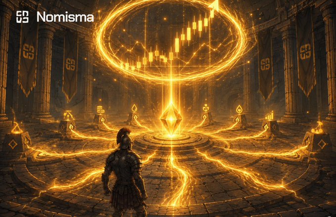 A warrior stands before a glowing golden orb with candlestick charts and the 'Nomisma' logo in the top-left corner.