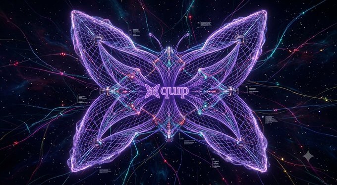 A digital art piece featuring a symmetrical purple butterfly-like fractal design with the text "qurp" in the center, set against a dark cosmic background with colorful light streaks.