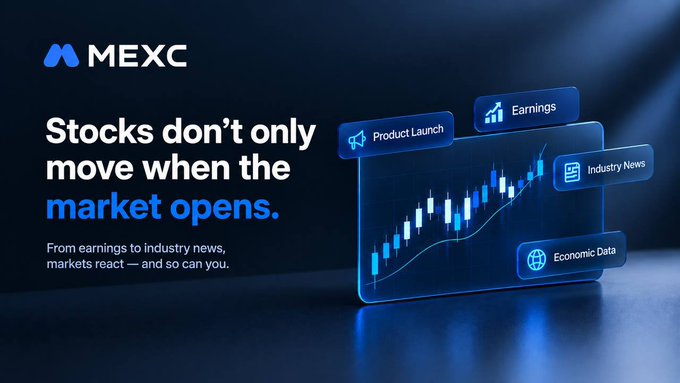 A MEXC cryptocurrency exchange advertisement with the headline 'Stocks don't only move when the market opens' and subtitle 'From earnings to industry news, markets react — and so can you,' featuring a 3D holographic stock chart display.