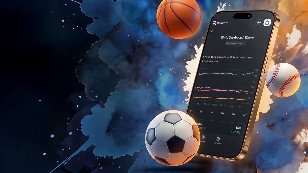 The image features a smartphone displaying a sports app with three sports balls - two soccer balls and one baseball - floating around the phone's screen. The background of the image is black, which contrasts with the colorful sports balls. The text on the image reads "NEW: @byreal_io, a Solana-based DEX incubated by Bybit, launches Byreal Predict, an onchain prediction market powered by Polymarket’s liquidity infrastructure." This suggests that the app might be related to sports predictions or analysis and could potentially provide insights into sports events.