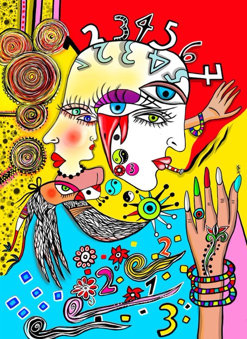 A colorful, vibrant abstract pop-art illustration featuring a stylized woman's face with multiple eyes, numbers, swirls, and patterns in bright red, yellow, and blue tones.