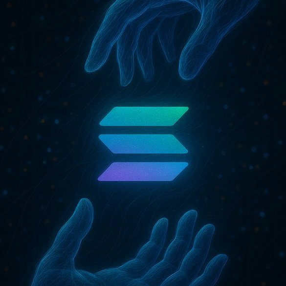 A glowing Solana ($SOL) logo floats between two ethereal blue hands against a starry backdrop, symbolizing the $185 SOL giveaway being offered by @FoxyHoodX to five lucky winners who follow, like, and retweet the pinned post.
