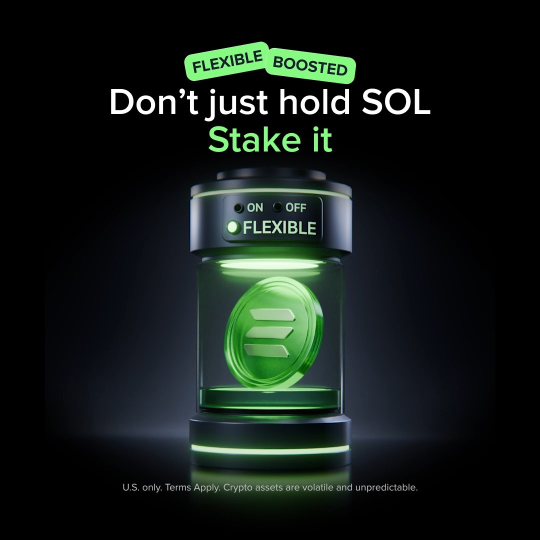 The image features a green coin inside of a glass jar, which has the words "Flexible" written on it. The jar is placed against a black background, making the coin stand out prominently. The text above the jar reads "Don't just hold SOL. Stake it. Flexible. Lock in and maximize your long-term rewards." Below this, there's an advertisement for Uphold, which promotes flexible staking options with no lockups or restrictions on when you can access your funds.