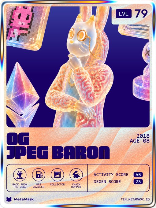 The image shows an "OG JPEG BARON" trading card featuring a hooded figure wearing a gold monocle and cat mask, marked as Level 79 with a 2018 mint date, Activity Score of 65, and Degen Score of 23, branded with MetaMask. The card relates to the post's reflection on the figure's massive 22.6 ETH spent on gas over 8 years, humorously framing the masked, emotional pose as either joyful tears over a successful validator-staking era or despairing tears over wasted crypto expenses.