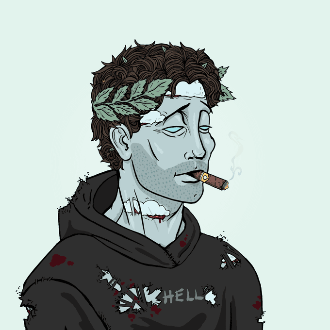 A cartoon illustration shows a zombie-like man with a laurel wreath, smoking a cigar, wearing a torn black hoodie with 'HELL' written on it.
