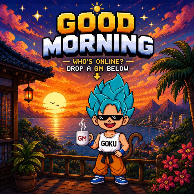 A pixel art illustration features a chibi-style Goku character wearing sunglasses and a shirt labeled "GOKU", holding a mug that says "GM", set against a sunset landscape. Text above reads "GOOD MORNING", "— WHO'S ONLINE? —", and "DROP A GM BELOW".