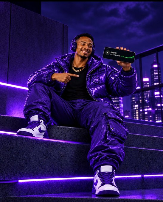 A promotional image of a smiling man wearing purple outerwear and headphones, sitting on illuminated steps at night while pointing to a smartphone screen displaying the 'KNOT' app.