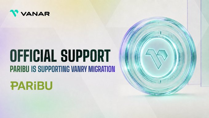 A promotional graphic for Vanar featuring the text "OFFICIAL SUPPORT: PARIBU IS SUPPORTING VANRY MIGRATION" alongside the "VANAR" and "PARiBU" logos, with a glowing 3D VANRY coin design on the right. The image visually announces Paribu's support for the VANRY token migration to Base, highlighting the exchange's role in Vanar's ecosystem.