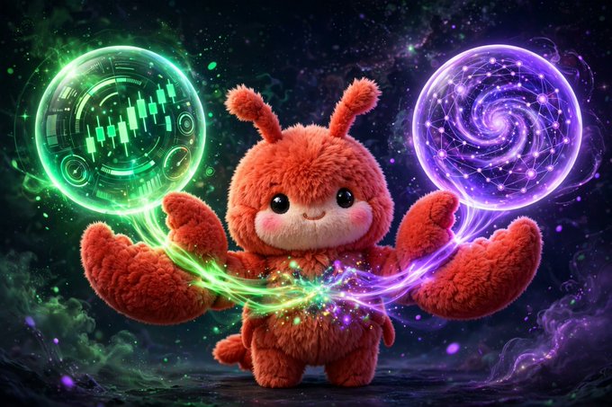 AI-generated illustration of a cute red furry creature channeling green and purple magical energy from orbs containing trading charts and constellation patterns.