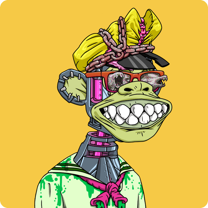 A cartoon illustration of a green-skinned cyborg character with a large toothy grin, wearing red sunglasses with worms in the lenses, yellow hair tied with chains, and a green hoodie on a yellow background.