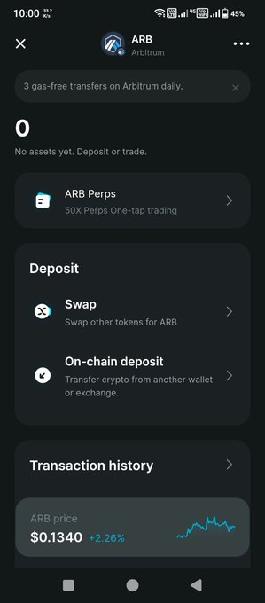 Screenshot of a cryptocurrency wallet app for ARB (Arbitrum) showing options for 'ARB Perps', 'Deposit', 'Swap', and 'On-chain deposit', with an ARB price of $0.1340.