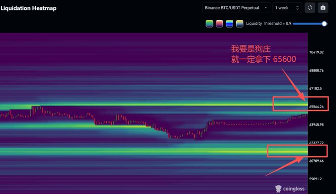 A Bitcoin liquidation heatmap from Coinglass showing BTC/USDT Perpetual on a 1-week timeframe, with red Chinese annotations reading '我要是狗庄 就一定拿下 65600' (If I were the market maker, I'd definitely take 65600) pointing to highlighted price levels.