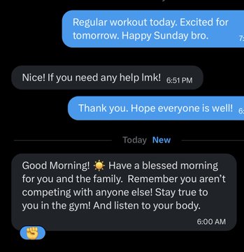 A screenshot of a text message exchange where FaithIronFit sends a "Good Morning" message at 6:00 AM reminding the recipient to stay true to themselves in the gym and listen to their body, following a prior exchange wishing them a happy Sunday and offering help. The image illustrates the supportive, health-focused mentorship the post is celebrating.