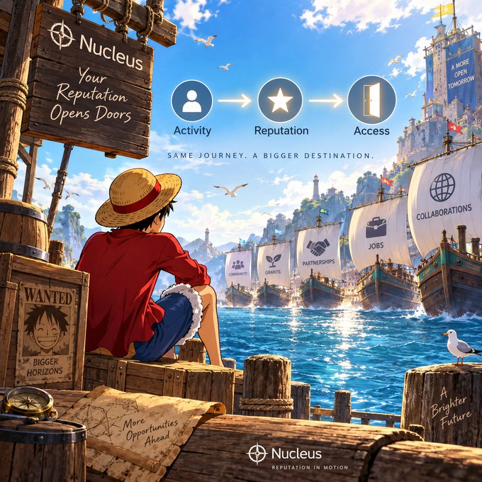 An anime-style Nucleus promotional image showing Luffy overlooking a harbor of ships, with the sequence “Activity → Reputation → Access” and banners for community, grants, partnerships, jobs, and collaborations.