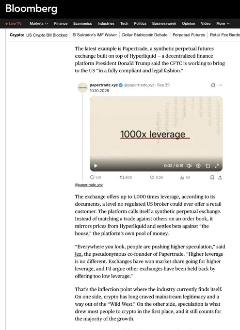 A Bloomberg article discusses Papetrade, a synthetic perpetual futures exchange built on Hyperliquid, featuring an embedded video highlighting its "1000x leverage" offering amid speculation about President Donald Trump bringing the CFTC to the US.