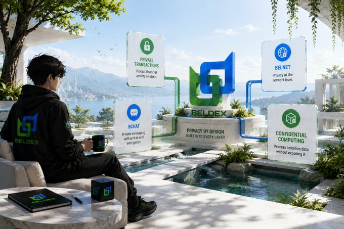 A promotional image for BELDEX features a person in branded apparel sitting on a terrace, surrounded by floating cards highlighting features: Private Transactions, BChat, BelNet, and Confidential Computing, with the tagline 'Privacy by Design Built into Every Layer.'
