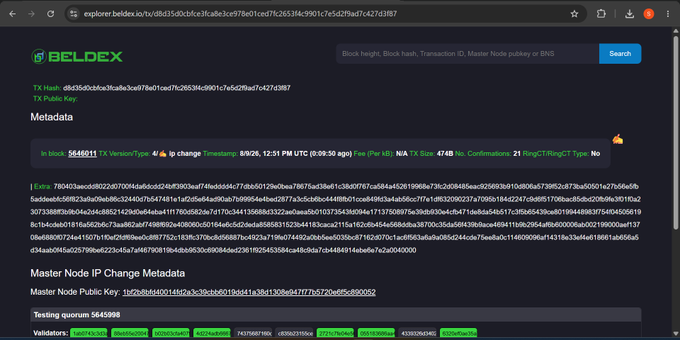 A Beldex blockchain explorer page displays block 5646011 from 8/9/26, 12:51 PM UTC, showing transaction metadata for an IP change penalty (IP Version Type 4, tx fee 4749) where a masternode (13Fbd...800052) updated its IP address following testing quorum 5645998. The screenshot corresponds to the post about clicking the "writing hand" emoji representing the IP change penalty event on the Beldex explorer.