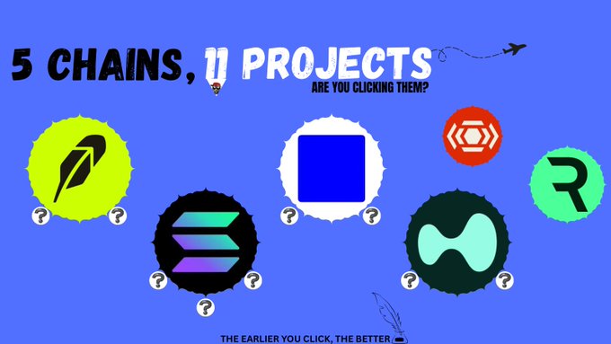 A blue promotional graphic with the text "5 CHAINS, 11 PROJECTS" and "ARE YOU CLICKING THEM?", featuring various crypto project logos surrounded by question marks and the tagline "THE EARLIER YOU CLICK, THE BETTER".