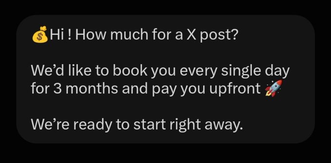 Direct message offering to book daily X posts for 3 months with upfront payment.