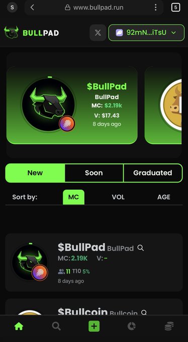 A screenshot of the Bullpad.run website on mobile, showing the '$Bullpad' token with a market cap of 2.19K and a price of $17.43.